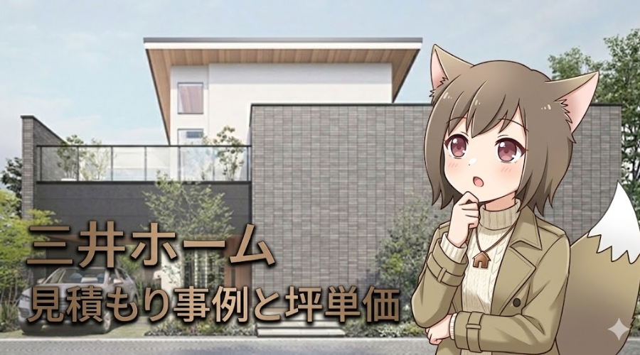 三井ホームの見積もり事例と坪単価を解説するアイキャッチ画像。モダンな注文住宅を背景に、検討する表情のキャラクターが描かれたバナー。