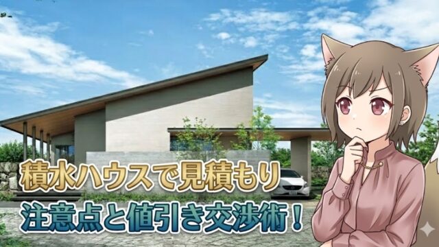 積水ハウスの注文住宅見積もりと値引き交渉術を解説するアイキャッチ画像。モダンな外観の住宅を背景に、考え込む猫耳キャラクターのイラスト。