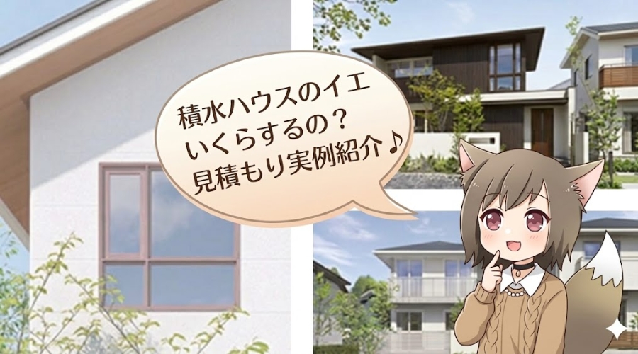 積水ハウスの注文住宅の価格・見積もり実例を紹介するアイキャッチ画像。「積水ハウスのイエいくらするの？」という問いかけと住宅見学をするキャラクターのイラスト