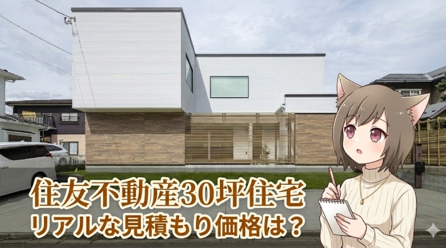 住友不動産 30坪 注文住宅の見積もり価格・費用相場を解説するバナー画像。モダンな外観デザインとメモを取る女の子のイラスト。