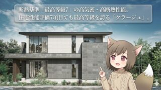 住宅性能評価7項目で最高等級、断熱基準「最高等級7」を誇る高気密・高断熱住宅「クラージュ」の外観紹介。モダンなデザインの家と案内役のキャラクター。