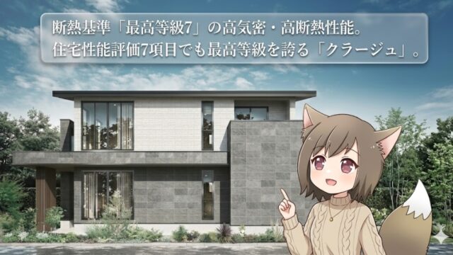住宅性能評価7項目で最高等級、断熱基準「最高等級7」を誇る高気密・高断熱住宅「クラージュ」の外観紹介。モダンなデザインの家と案内役のキャラクター。