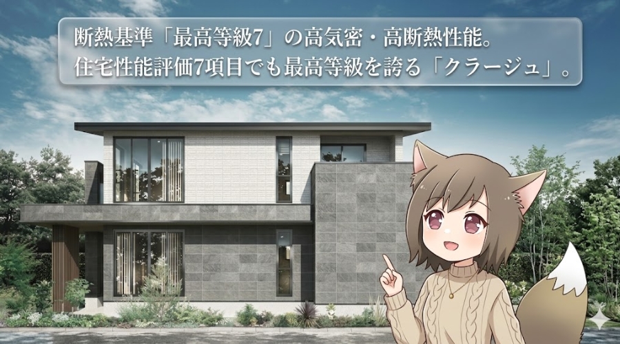 住宅性能評価7項目で最高等級、断熱基準「最高等級7」を誇る高気密・高断熱住宅「クラージュ」の外観紹介。モダンなデザインの家と案内役のキャラクター。