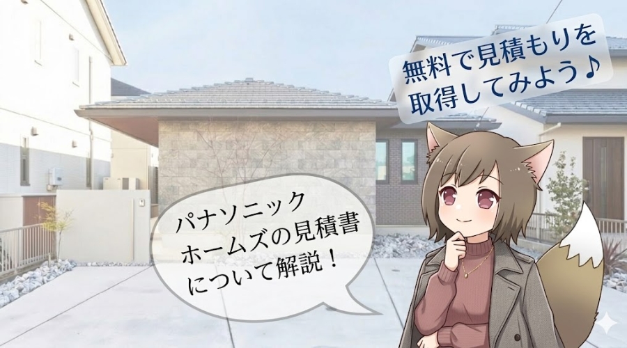 パナソニック ホームズの見積書解説。無料見積もりを案内するキャラクターと住宅外観のアイキャッチ画像