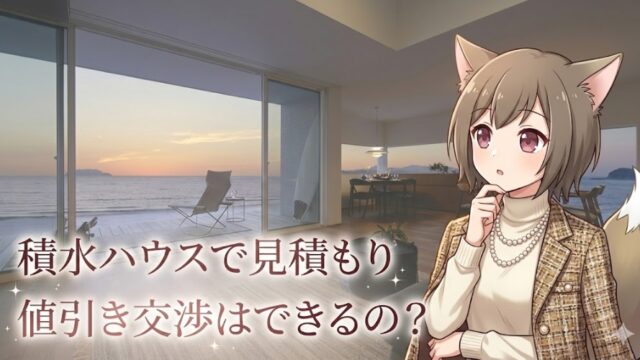 積水ハウスの見積もりと値引き交渉の可否を解説するアイキャッチ画像。海が見える高級なリビングで考えるポーズをとるケモ耳キャラクターのイラスト。