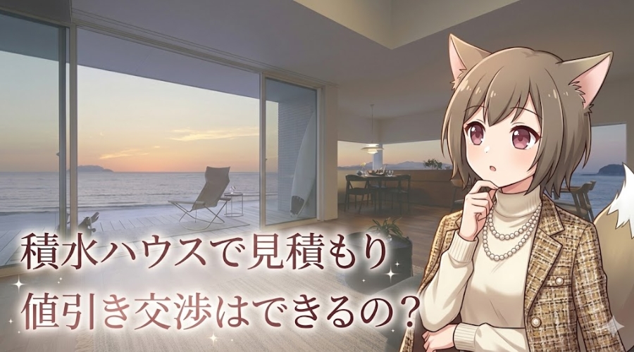 積水ハウスの見積もりと値引き交渉の可否を解説するアイキャッチ画像。海が見える高級なリビングで考えるポーズをとるケモ耳キャラクターのイラスト。