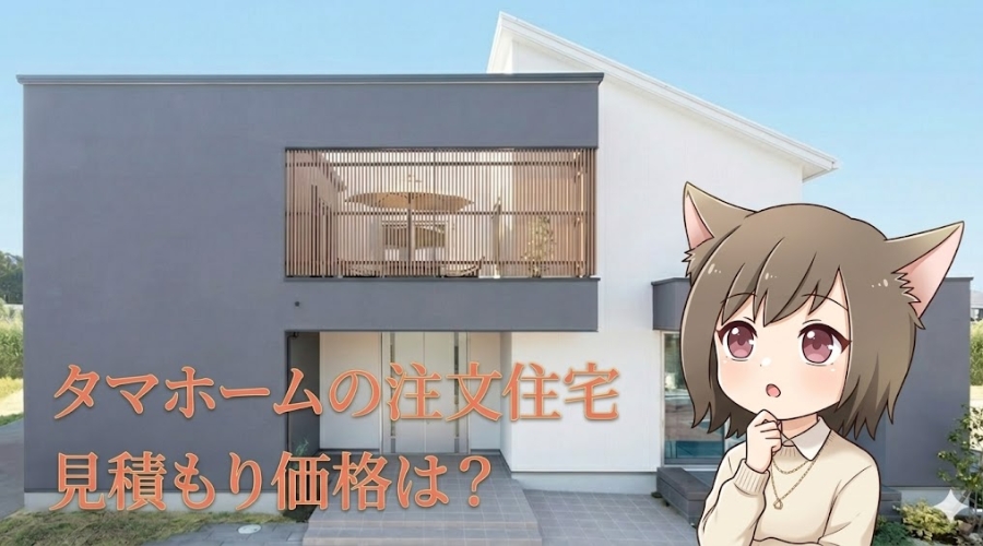 タマホームの注文住宅の見積もり価格についての解説画像。スタイリッシュな住宅外観とキャラクターのイラスト、「タマホームの注文住宅 見積もり価格は？」のテキスト。
