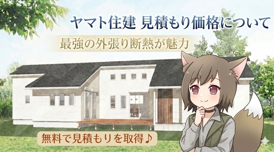 ヤマト住建の見積もり価格と外張り断熱の魅力を解説するアイキャッチ画像。モダンな平屋の外観イラストとキャラクターが描かれています。