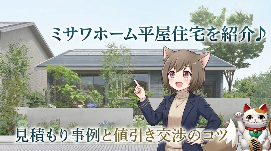 ミサワホームの平屋住宅を紹介するアイキャッチ画像。「見積もり事例と値引き交渉のコツ」の文字、モダンな平屋の外観、アニメ風のキャラクターと招き猫のイラスト。