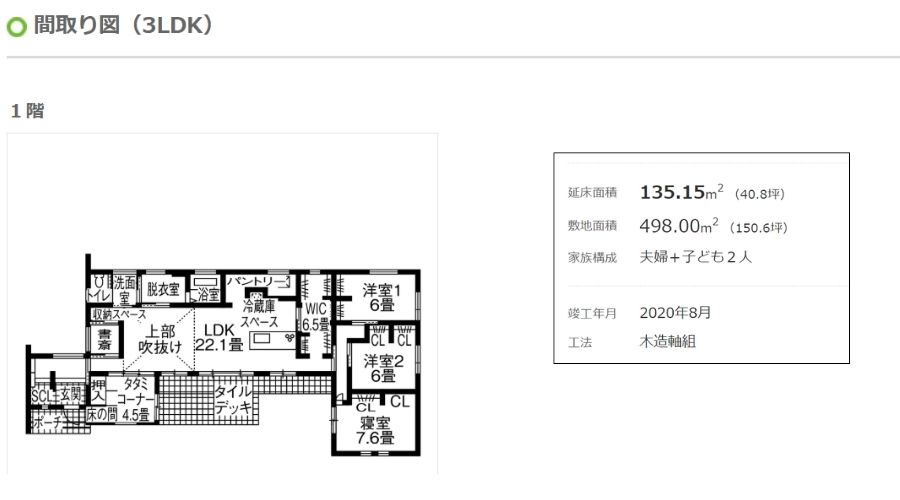 一条工務店の平屋住宅の間取り図