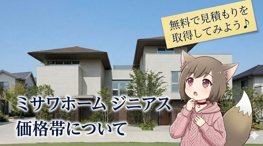 ミサワホーム『ジニアス』の価格帯を解説するブログ記事のアイキャッチ画像。青空の下に建つモダンな白いタイルの住宅を背景に、無料見積もりの取得を促すテキストと、思案する猫耳アニメキャラクターが描かれています。