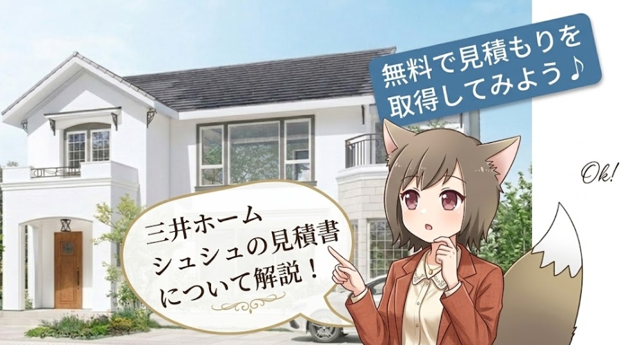 三井ホームの白い外壁の住宅「シュシュ」の外観画像。猫耳のアニメキャラクターが、「無料で見積もりを取得してみよう♪」と書かれた青いバナーと、「三井ホーム シュシュの見積書について解説！」と書かれた吹き出しを案内している。