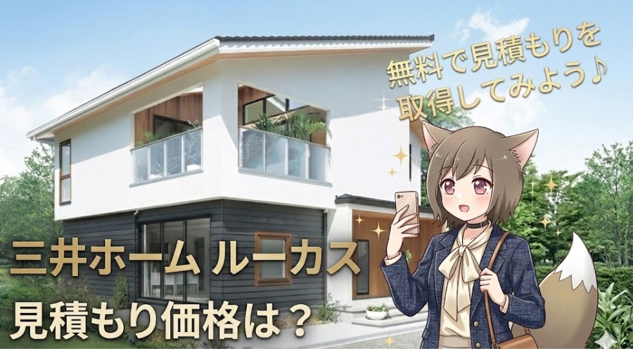 三井ホーム「ルーカス」の住宅を見学するオシャレな服装のキャラクターと、価格・見積もりを案内するアイキャッチ画像