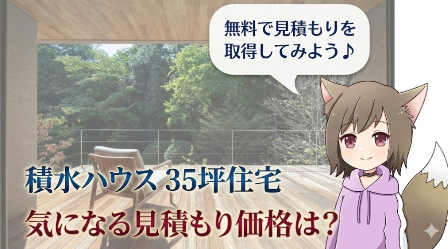 緑豊かなテラスを背景に、ピンクのパーカーを着用したケモ耳の女性キャラクターと、「積水ハウス 35坪住宅 気になる見積もり価格は？」という解説テキストが記載されたブログ用バナー