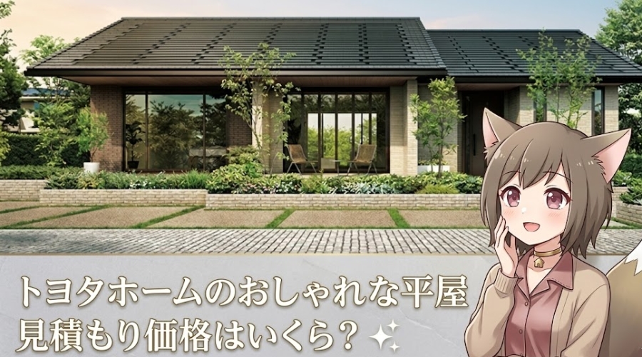 トヨタホームのおしゃれな平屋の外観と、見学する女性キャラクターのイラスト。文字「トヨタホームのおしゃれな平屋 見積もり価格はいくら？」が入った記事のアイキャッチ画像。